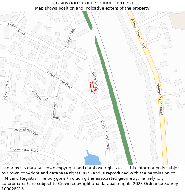 3, OAKWOOD CROFT, SOLIHULL, B91 3GT: Location map and indicative extent of plot