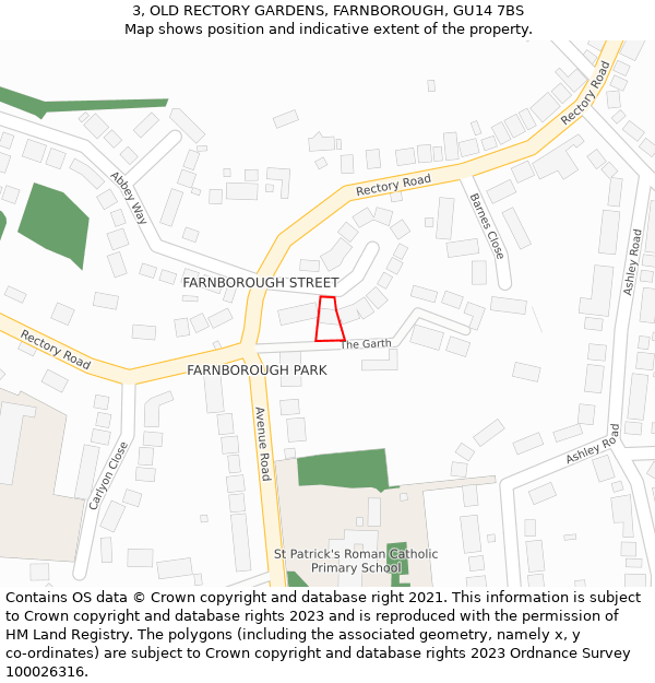 3, OLD RECTORY GARDENS, FARNBOROUGH, GU14 7BS: Location map and indicative extent of plot