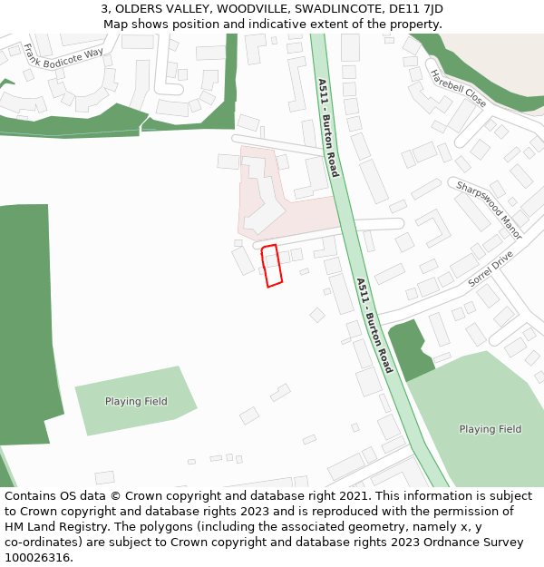 3, OLDERS VALLEY, WOODVILLE, SWADLINCOTE, DE11 7JD: Location map and indicative extent of plot