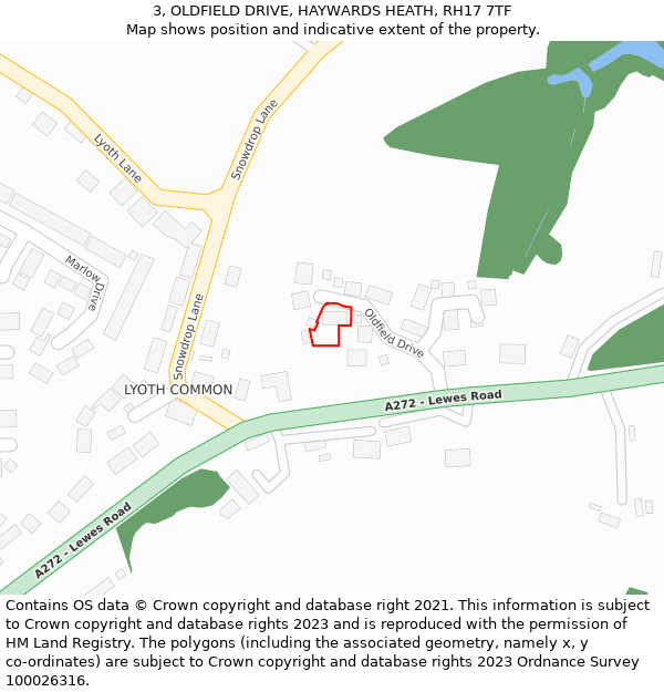 3, OLDFIELD DRIVE, HAYWARDS HEATH, RH17 7TF: Location map and indicative extent of plot