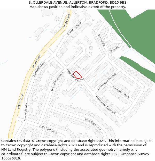 3, OLLERDALE AVENUE, ALLERTON, BRADFORD, BD15 9BS: Location map and indicative extent of plot
