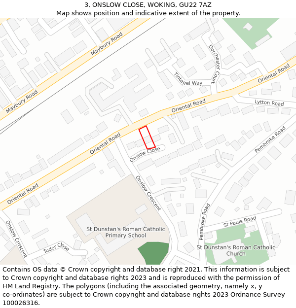 3, ONSLOW CLOSE, WOKING, GU22 7AZ: Location map and indicative extent of plot