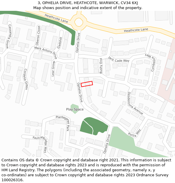 3, OPHELIA DRIVE, HEATHCOTE, WARWICK, CV34 6XJ: Location map and indicative extent of plot