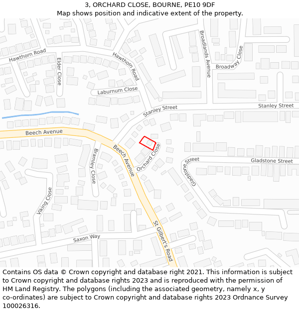 3, ORCHARD CLOSE, BOURNE, PE10 9DF: Location map and indicative extent of plot