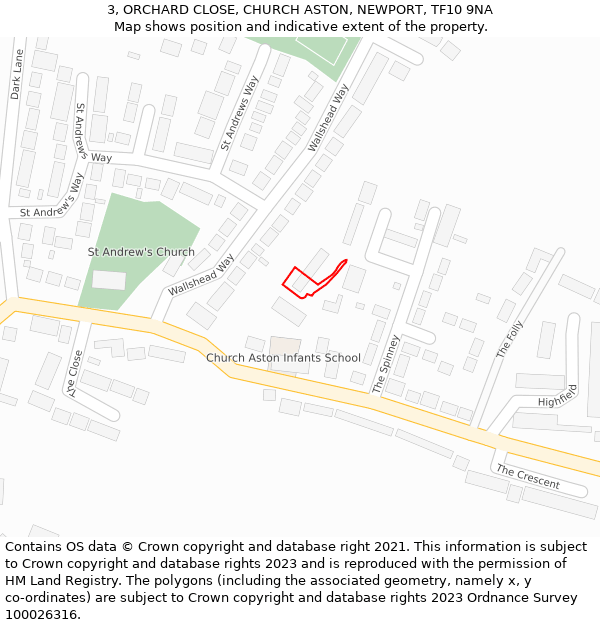 3, ORCHARD CLOSE, CHURCH ASTON, NEWPORT, TF10 9NA: Location map and indicative extent of plot