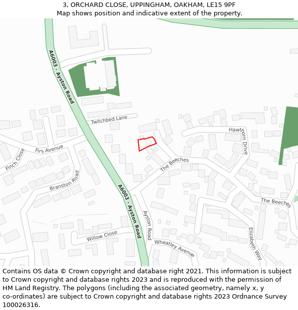 3, ORCHARD CLOSE, UPPINGHAM, OAKHAM, LE15 9PF: Location map and indicative extent of plot