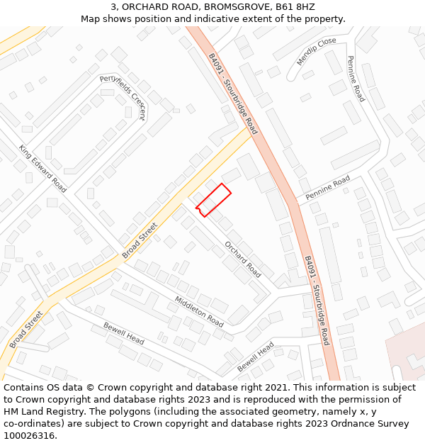 3, ORCHARD ROAD, BROMSGROVE, B61 8HZ: Location map and indicative extent of plot