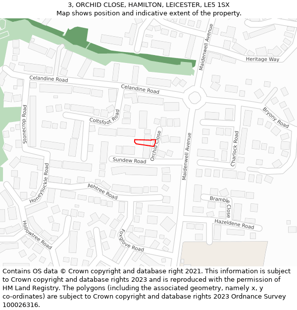 3, ORCHID CLOSE, HAMILTON, LEICESTER, LE5 1SX: Location map and indicative extent of plot