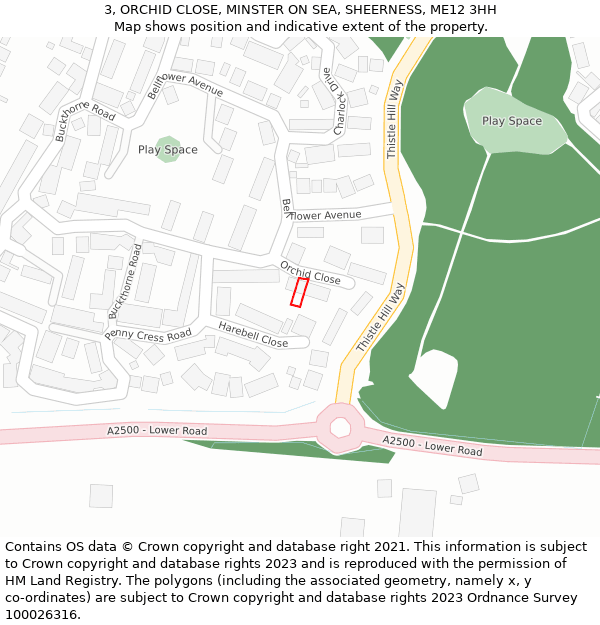 3, ORCHID CLOSE, MINSTER ON SEA, SHEERNESS, ME12 3HH: Location map and indicative extent of plot