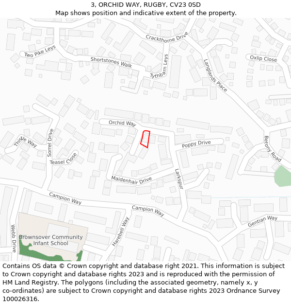 3, ORCHID WAY, RUGBY, CV23 0SD: Location map and indicative extent of plot