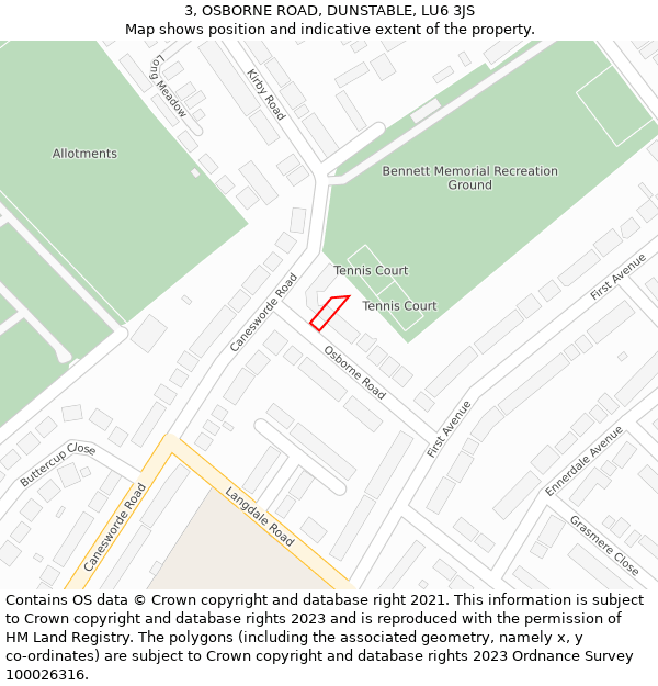 3, OSBORNE ROAD, DUNSTABLE, LU6 3JS: Location map and indicative extent of plot