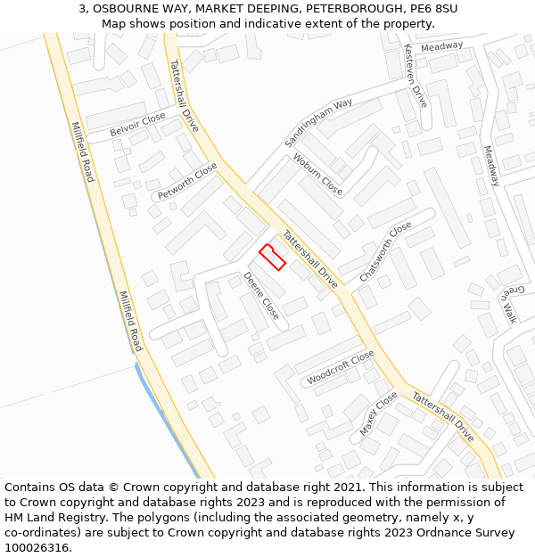 3, OSBOURNE WAY, MARKET DEEPING, PETERBOROUGH, PE6 8SU: Location map and indicative extent of plot