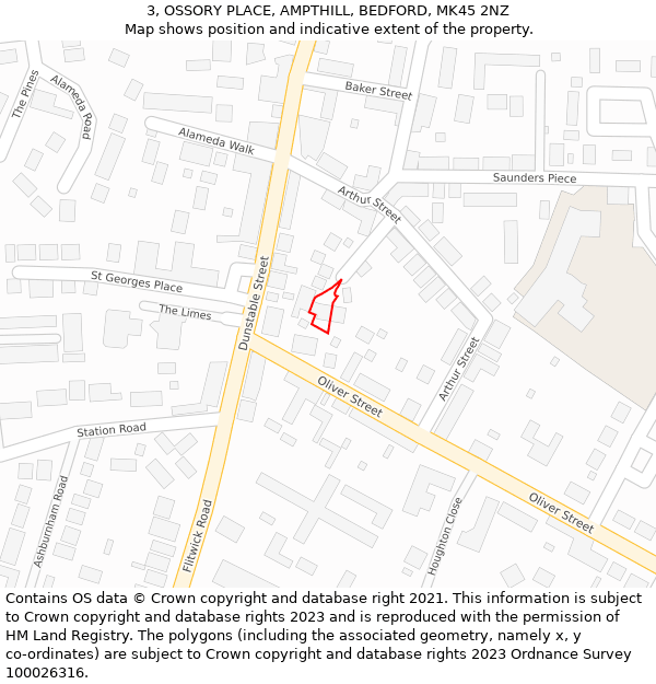 3, OSSORY PLACE, AMPTHILL, BEDFORD, MK45 2NZ: Location map and indicative extent of plot