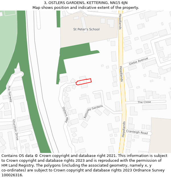 3, OSTLERS GARDENS, KETTERING, NN15 6JN: Location map and indicative extent of plot