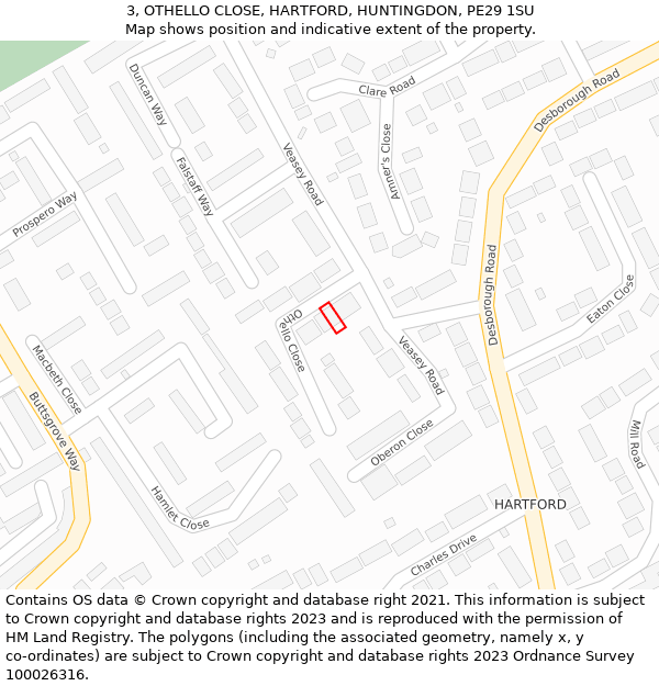 3, OTHELLO CLOSE, HARTFORD, HUNTINGDON, PE29 1SU: Location map and indicative extent of plot