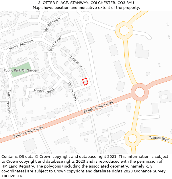 3, OTTER PLACE, STANWAY, COLCHESTER, CO3 8AU: Location map and indicative extent of plot