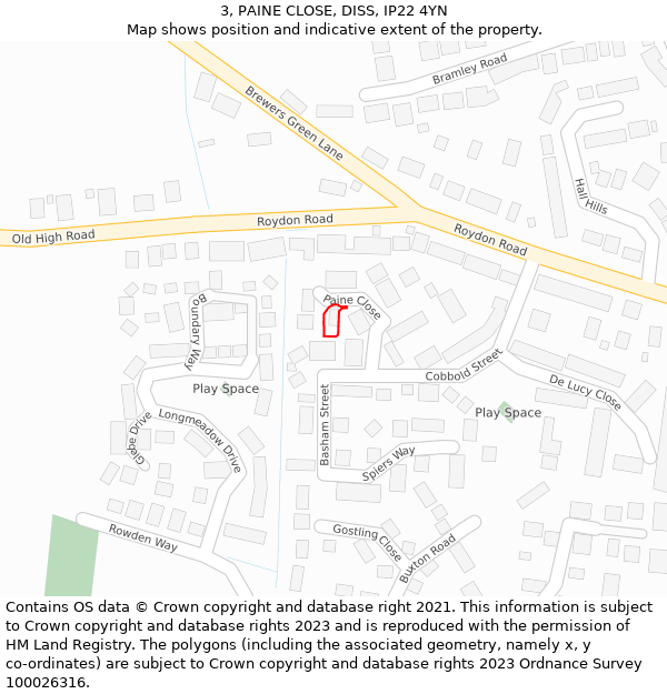 3, PAINE CLOSE, DISS, IP22 4YN: Location map and indicative extent of plot