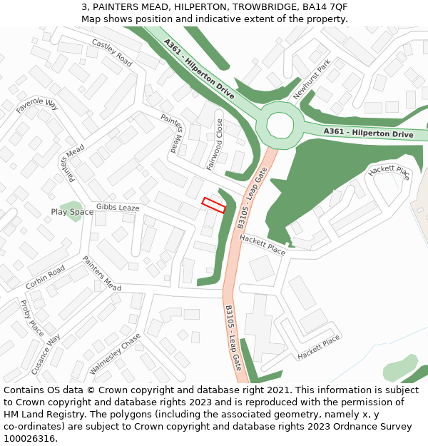 3, PAINTERS MEAD, HILPERTON, TROWBRIDGE, BA14 7QF: Location map and indicative extent of plot