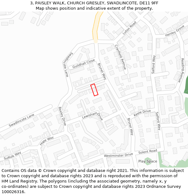 3, PAISLEY WALK, CHURCH GRESLEY, SWADLINCOTE, DE11 9FF: Location map and indicative extent of plot