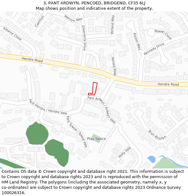 3, PANT ARDWYN, PENCOED, BRIDGEND, CF35 6LJ: Location map and indicative extent of plot