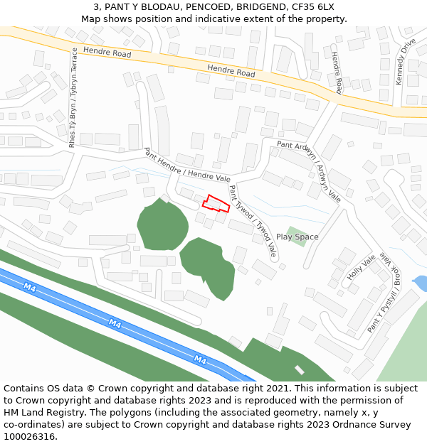 3, PANT Y BLODAU, PENCOED, BRIDGEND, CF35 6LX: Location map and indicative extent of plot