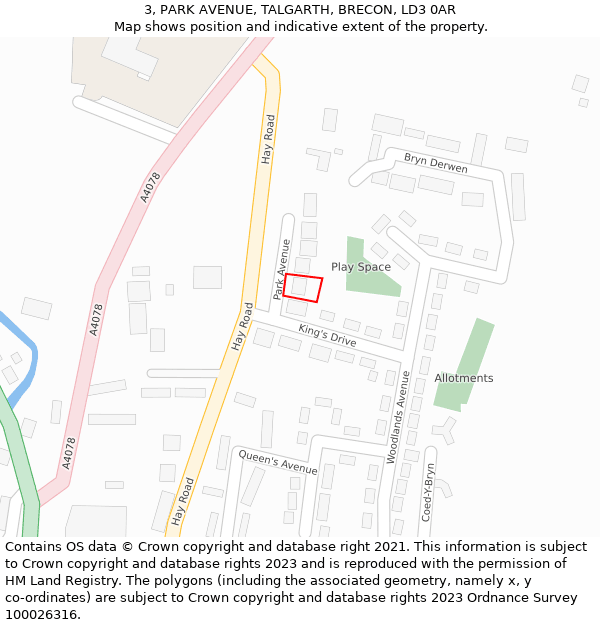 3, PARK AVENUE, TALGARTH, BRECON, LD3 0AR: Location map and indicative extent of plot