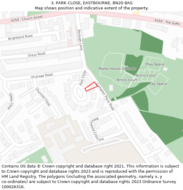 3, PARK CLOSE, EASTBOURNE, BN20 8AG: Location map and indicative extent of plot