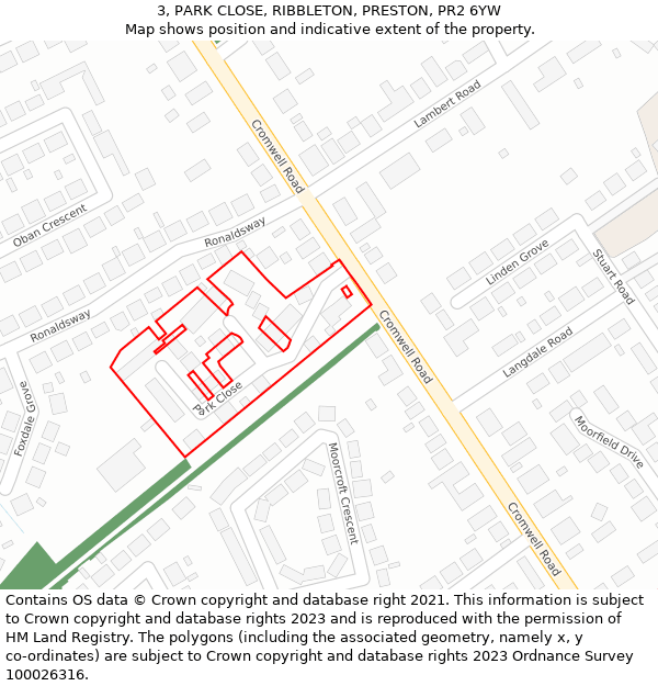 3, PARK CLOSE, RIBBLETON, PRESTON, PR2 6YW: Location map and indicative extent of plot