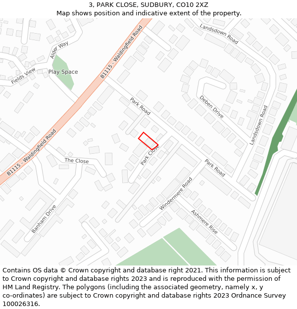 3, PARK CLOSE, SUDBURY, CO10 2XZ: Location map and indicative extent of plot