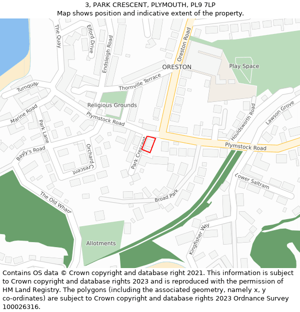 3, PARK CRESCENT, PLYMOUTH, PL9 7LP: Location map and indicative extent of plot