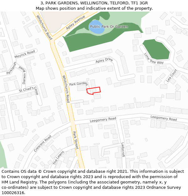 3, PARK GARDENS, WELLINGTON, TELFORD, TF1 3GR: Location map and indicative extent of plot