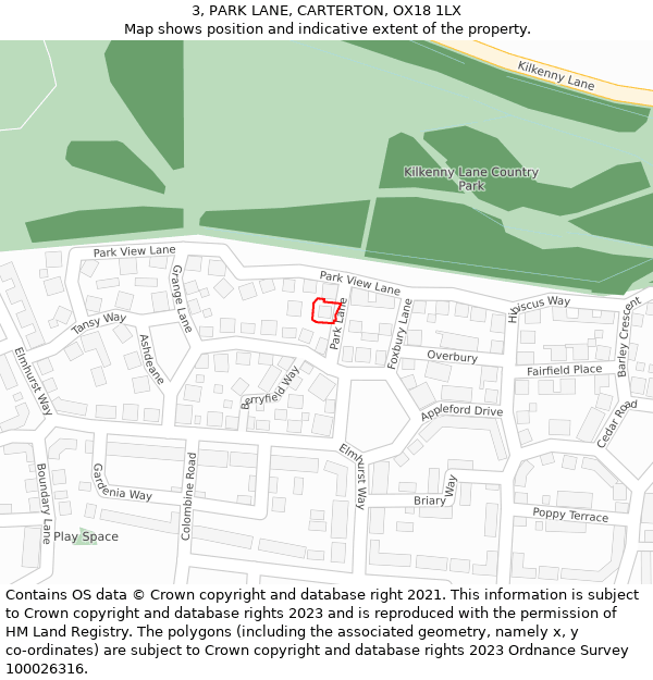 3, PARK LANE, CARTERTON, OX18 1LX: Location map and indicative extent of plot