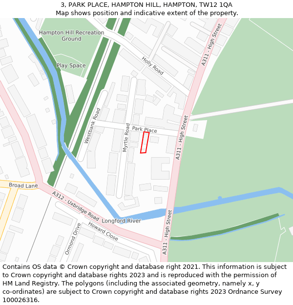 3, PARK PLACE, HAMPTON HILL, HAMPTON, TW12 1QA: Location map and indicative extent of plot