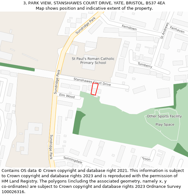 3, PARK VIEW, STANSHAWES COURT DRIVE, YATE, BRISTOL, BS37 4EA: Location map and indicative extent of plot