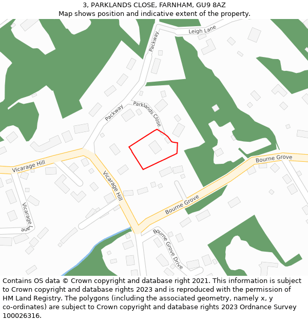 3, PARKLANDS CLOSE, FARNHAM, GU9 8AZ: Location map and indicative extent of plot