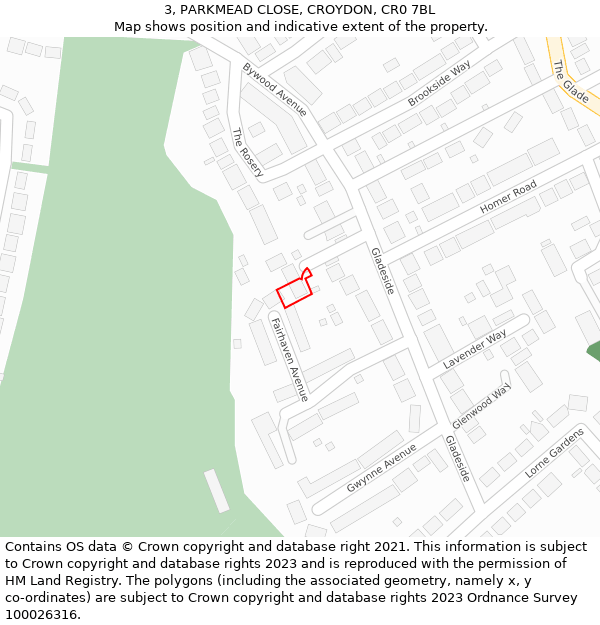 3, PARKMEAD CLOSE, CROYDON, CR0 7BL: Location map and indicative extent of plot