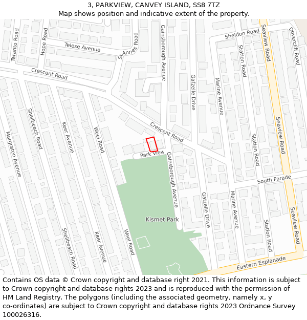 3, PARKVIEW, CANVEY ISLAND, SS8 7TZ: Location map and indicative extent of plot