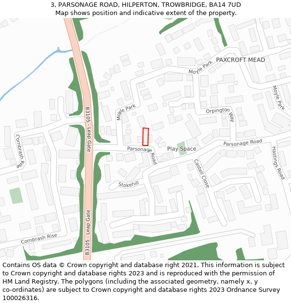 3, PARSONAGE ROAD, HILPERTON, TROWBRIDGE, BA14 7UD: Location map and indicative extent of plot