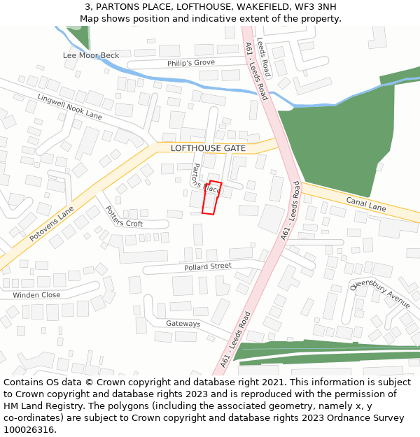 3, PARTONS PLACE, LOFTHOUSE, WAKEFIELD, WF3 3NH: Location map and indicative extent of plot