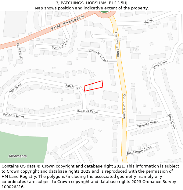 3, PATCHINGS, HORSHAM, RH13 5HJ: Location map and indicative extent of plot