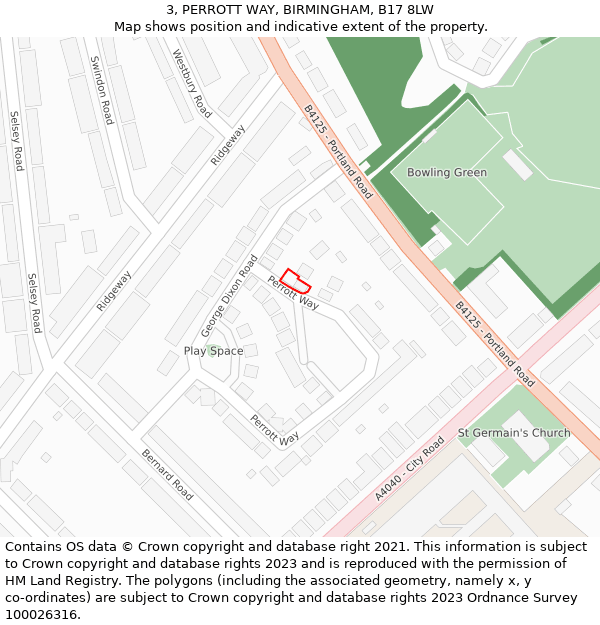 3, PERROTT WAY, BIRMINGHAM, B17 8LW: Location map and indicative extent of plot