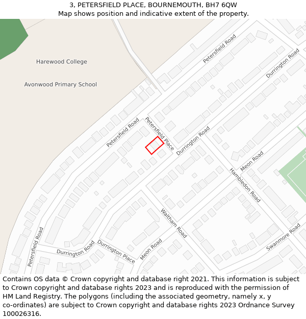 3, PETERSFIELD PLACE, BOURNEMOUTH, BH7 6QW: Location map and indicative extent of plot
