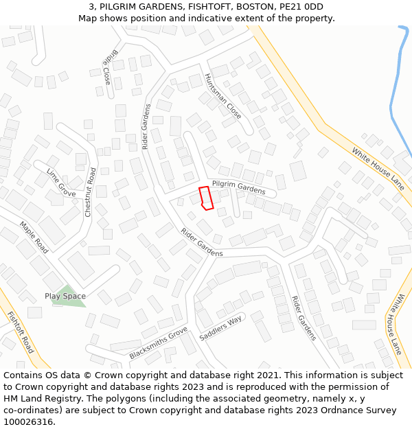 3, PILGRIM GARDENS, FISHTOFT, BOSTON, PE21 0DD: Location map and indicative extent of plot