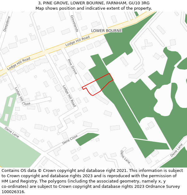 3, PINE GROVE, LOWER BOURNE, FARNHAM, GU10 3RG: Location map and indicative extent of plot