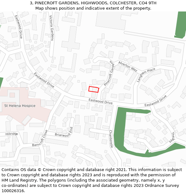 3, PINECROFT GARDENS, HIGHWOODS, COLCHESTER, CO4 9TH: Location map and indicative extent of plot
