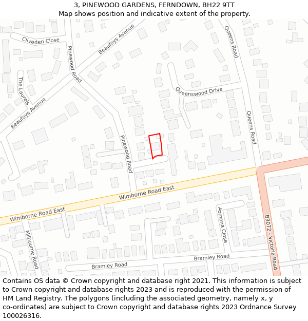 3, PINEWOOD GARDENS, FERNDOWN, BH22 9TT: Location map and indicative extent of plot