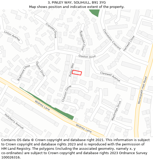 3, PINLEY WAY, SOLIHULL, B91 3YG: Location map and indicative extent of plot