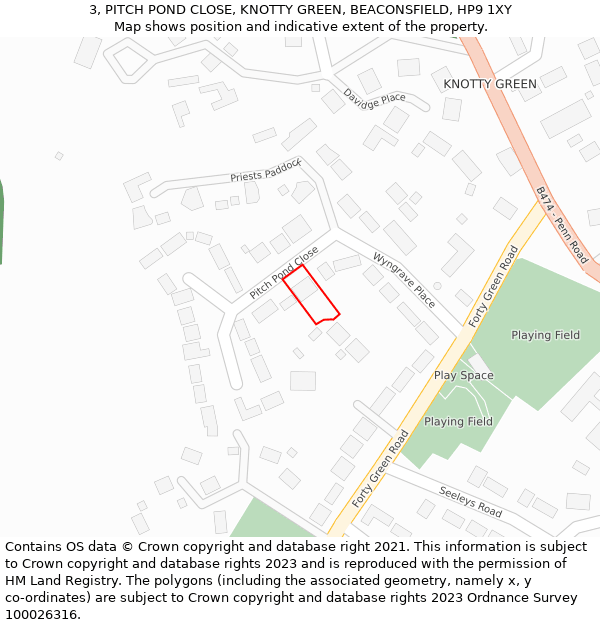 3, PITCH POND CLOSE, KNOTTY GREEN, BEACONSFIELD, HP9 1XY: Location map and indicative extent of plot