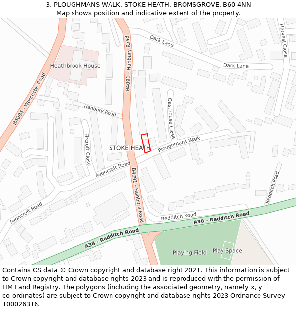 3, PLOUGHMANS WALK, STOKE HEATH, BROMSGROVE, B60 4NN: Location map and indicative extent of plot