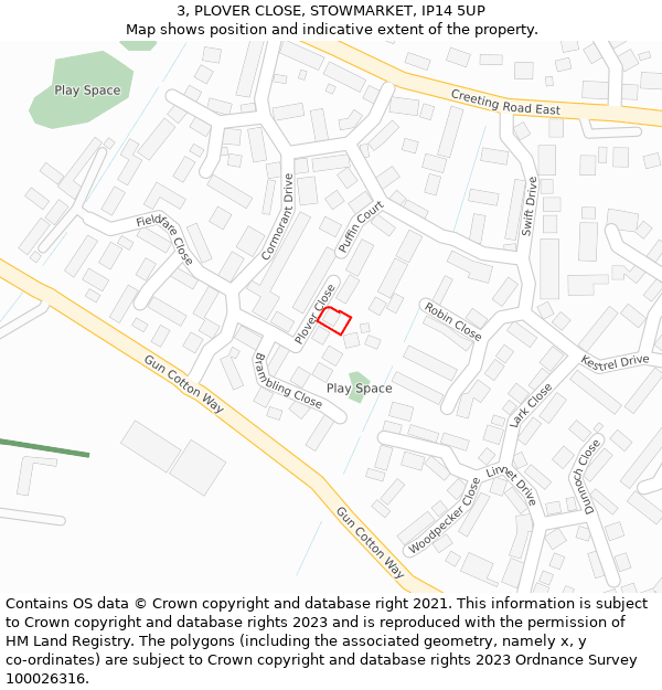 3, PLOVER CLOSE, STOWMARKET, IP14 5UP: Location map and indicative extent of plot